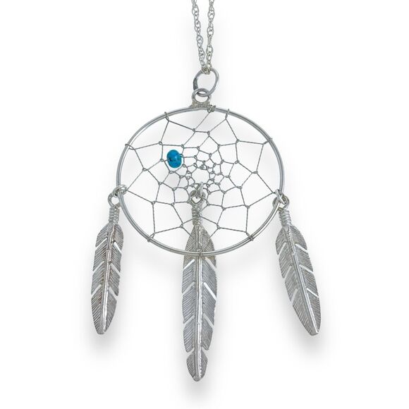 Vintage Silver Tone Turquoise Bead Feather Charm Dreamcatcher Pendant ONLY - Picture 1 of 4